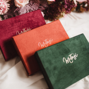 Pudełko na zdjęcia - Butelkowa zieleń ze złotym napisem nasza historia